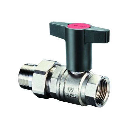 1075710 Oventrop Кран шаровой, Optibal, DN-32, 1 1/4", НВ, PN, бар-16, ручка-пластмассовая, удлинённая антрацит, никелированный, с ниппелем и НГ NEW
